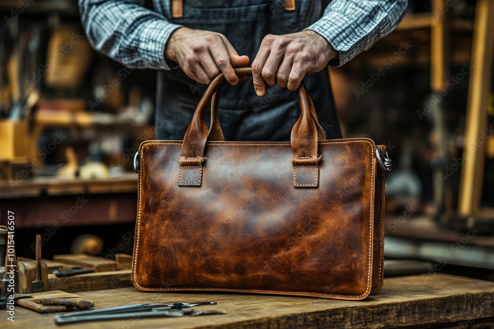 Handbags, wallets, and accessories made by skilled craftsmen in a traditional leather workshop